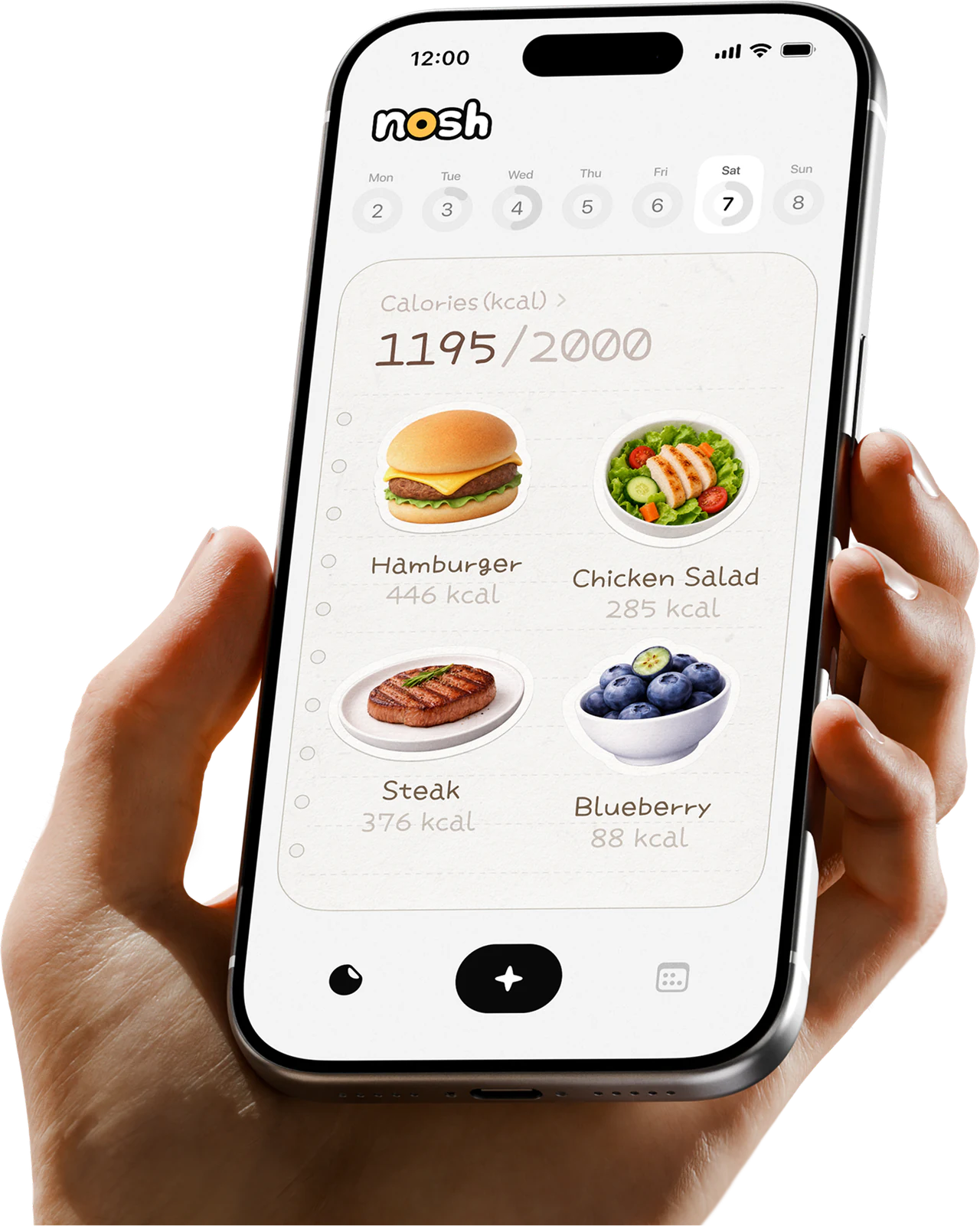 nosh food journal shown on an iPhone held in hand